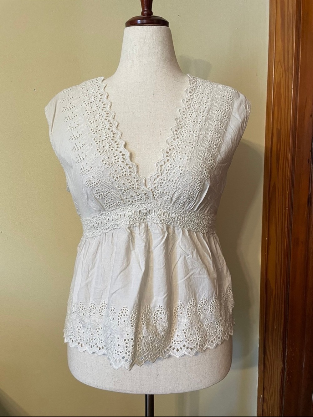 American Eagle Outfitters White Eyelet V-Neck Peplum Top